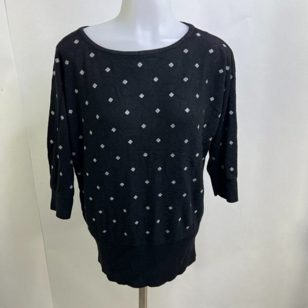 WHBM Sweater M Black Metallic Diamond 1/2 Sleeve Knit Top Silver